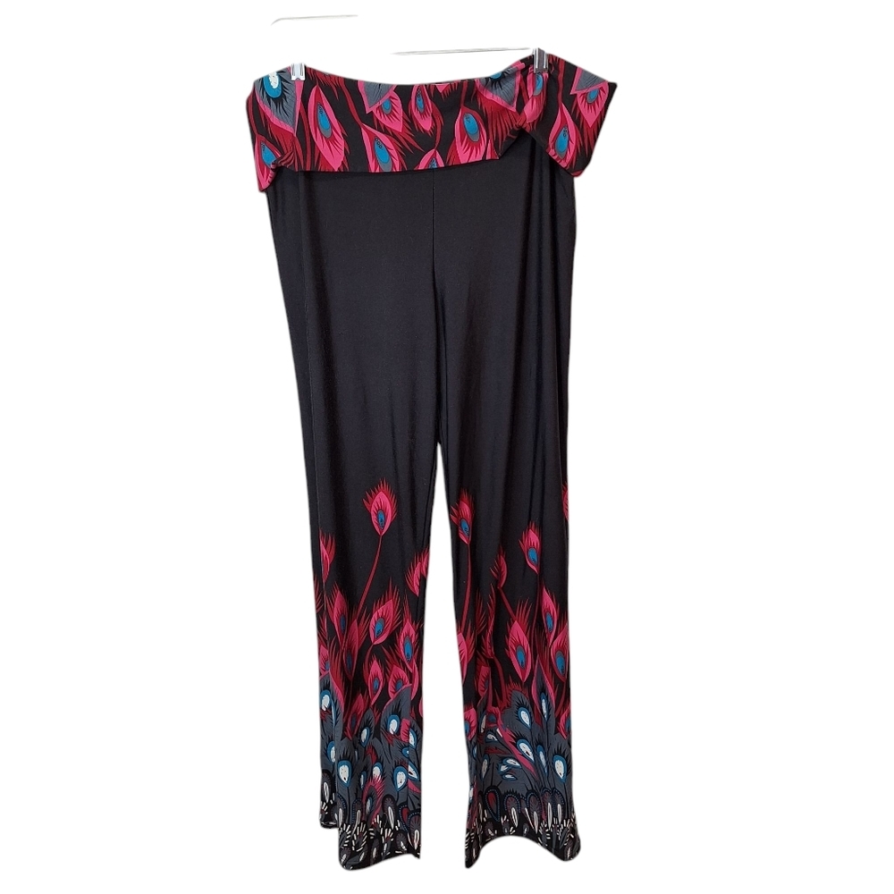 White Mark Womens 3XL Wide Leg Pants Black Fold Over Waist Printed Peacock Knit